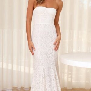 Hello Molly Lace Vacation White Strapless Lace Maxi Dress